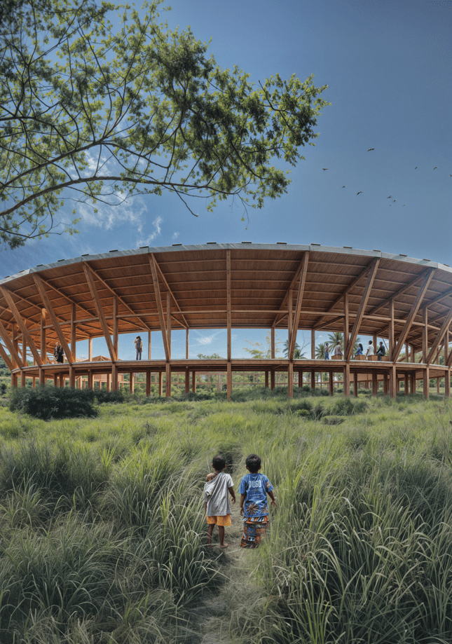 The project is a timber structure that provides solar energy, fresh water and socila space to a remote village of FIji islands. Designed through participatory process. 